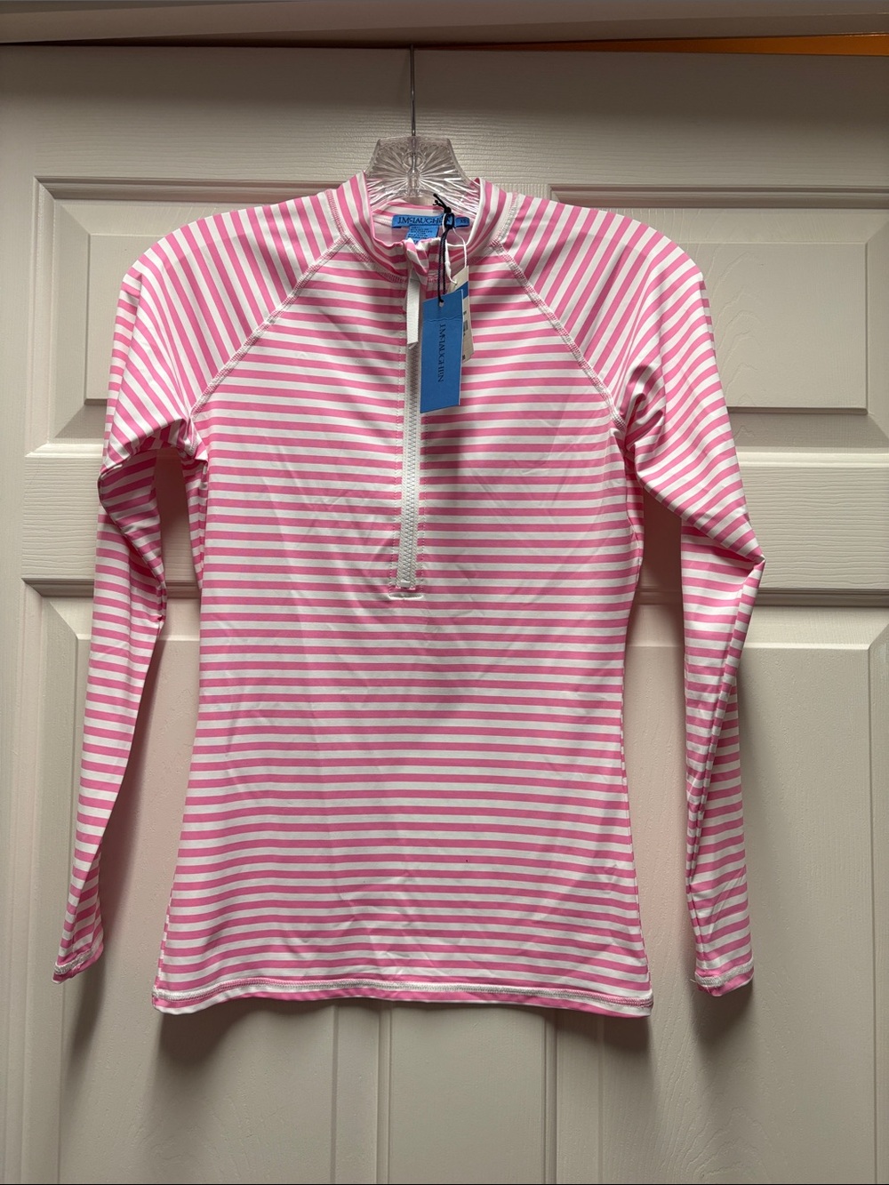J. McLaughlin Pink White Long-Sleeve Swim Top rash guard bangle stripe McKenzie